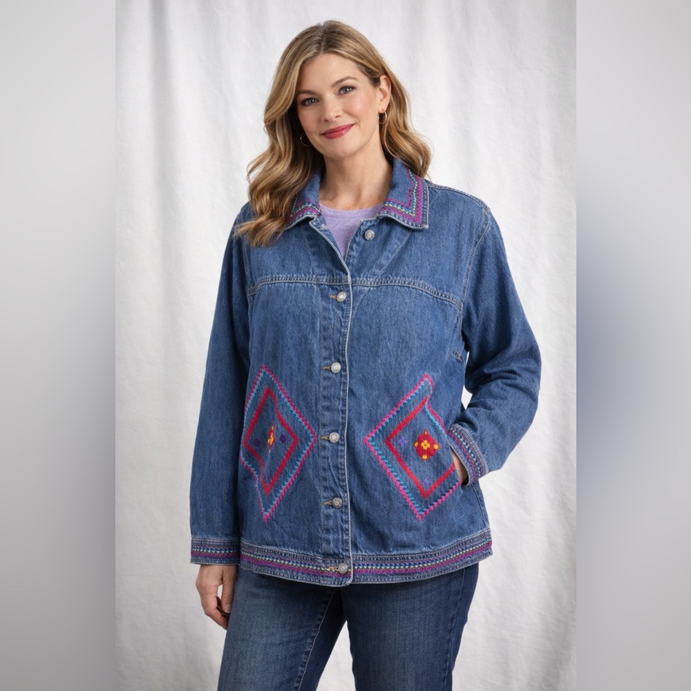 Coldwater Creek‎ Womens Denim Jacket XL Embroidered Western Style Aztec